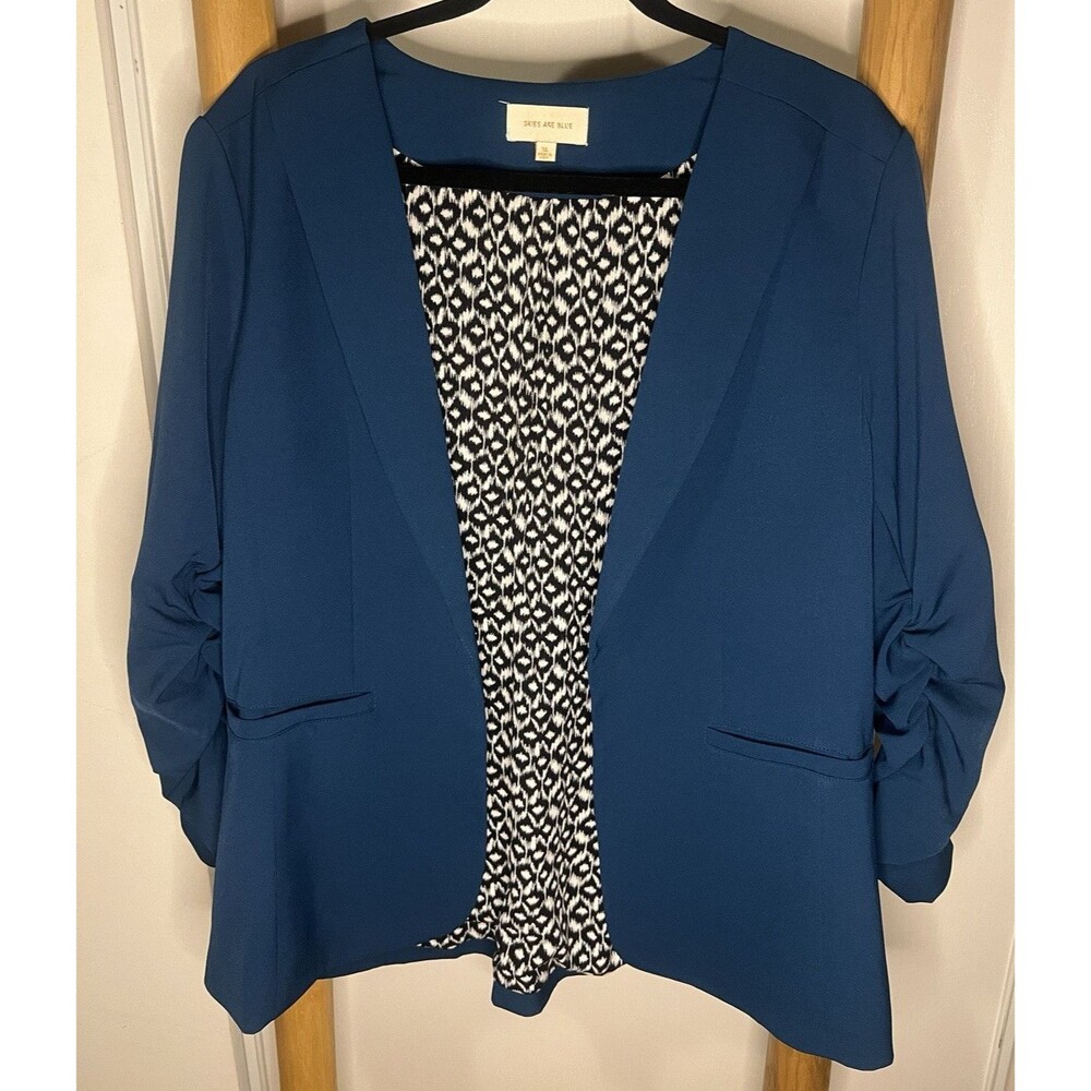 Skies Are Blue Women's XL Blue Solid Open Front Jacket Ruched 3/4 Sleeve Pockets